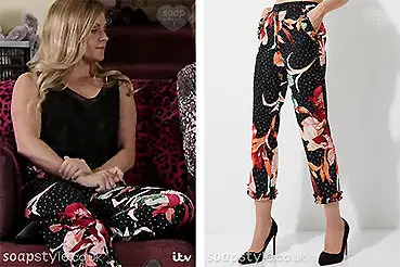 Sarah Platt Floral Trousers on Coronation Street