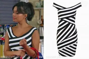 Priya’s Black & White Stripe Dress on Emmerdale