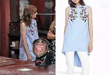Toyah’s Light Blue Flower Shirt on Corrie