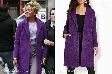 Emma in Coronation Street Purple Coat