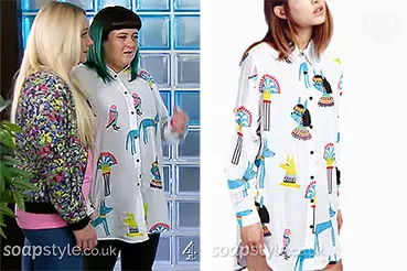 Tegan Egyptian cartoon print shirt on Hollyoaks