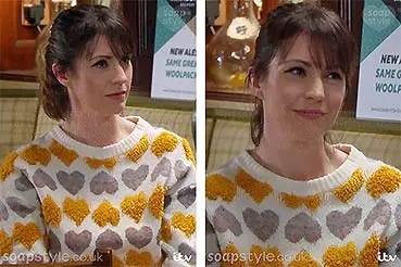 Kerry in Emmerdale Yellow Heart Jumper