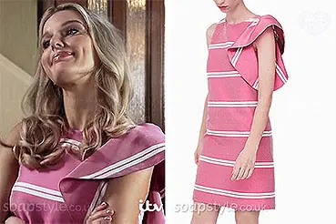Sophie Webster (Helen Flanagan) wearing pink stripe ruffle dress on Coronation Street