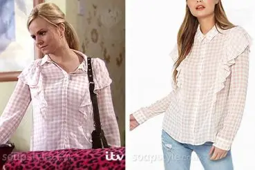 Sarah’s Pink Gingham Check Ruffle Shirt on Corrie