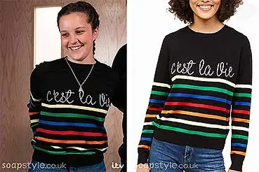 Amy Barlow in Coronation Street Rainbow Stripe Jumper