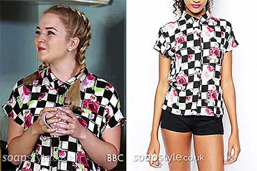 Abi Branning (Lorna Fitzgerald) wearing a black check flower print shirt on TV in EastEnders