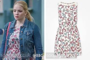Abi Branning wearing a butterfly dress on EastEnders