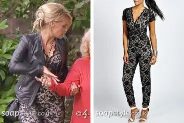 Grace’s Black Lace Jumpsuit on Hollyoaks