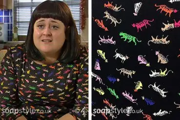 Tegan wearing a cat print top on Hollyoaks