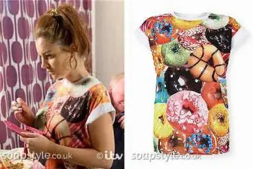 Kylie in Coronation Street doughnut t-shirt