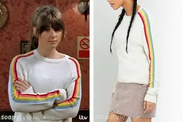 Sophie Webster’s Rainbow Stripe Jumper on Corrie