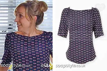 Laurel Emmerdale Clothes: Navy Blue & Red Bow Top