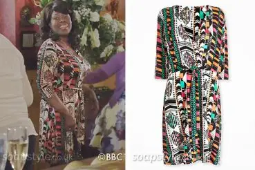 Printed wrap dress worn by Claudette in EastEnders