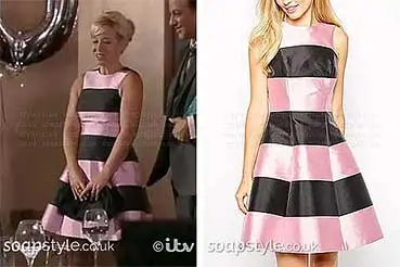 Julie in Coronation Street Pink & Black Stripe Dress