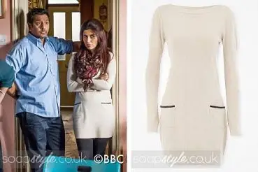 Ayesha Rana in EastEnders cream tunic jumper dress