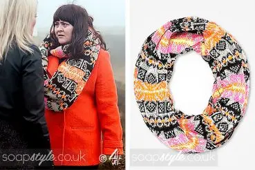 Tegan Lomax Hollyoaks wearing a snood scarf
