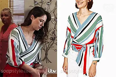 Nicola Rubenstein (Phelan's daughter) stripe wrap blouse in Coronation Street