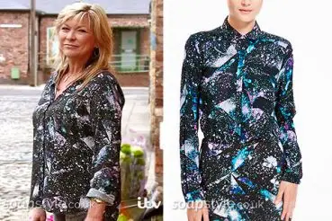 Erica in Coronation Street space print shirt