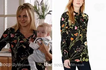 Sarah Platt Black Floral Shirt on Corrie