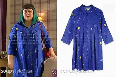 Tegan blue space print shirt on Hollyoaks