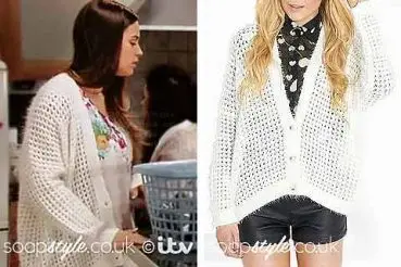 Katy in Coronation Street white cardigan