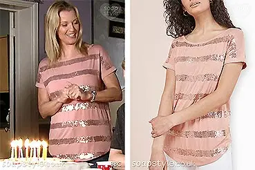 Kathy Beale Pink Sequin Stripe T-Shirt on EastEnders