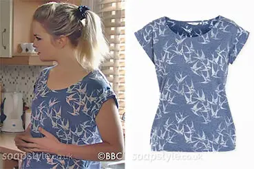 Abi Branning wearing a blue bird t-shirt on EastEnders