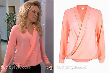 Grace's coral pink wrap blouse on Hollyoaks Grace's coral pink wrap blouse on Hollyoaks