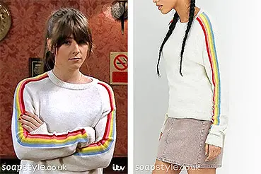 Rainbow sleeve jumper worn by Sophie Webster on TV in Coronation Street